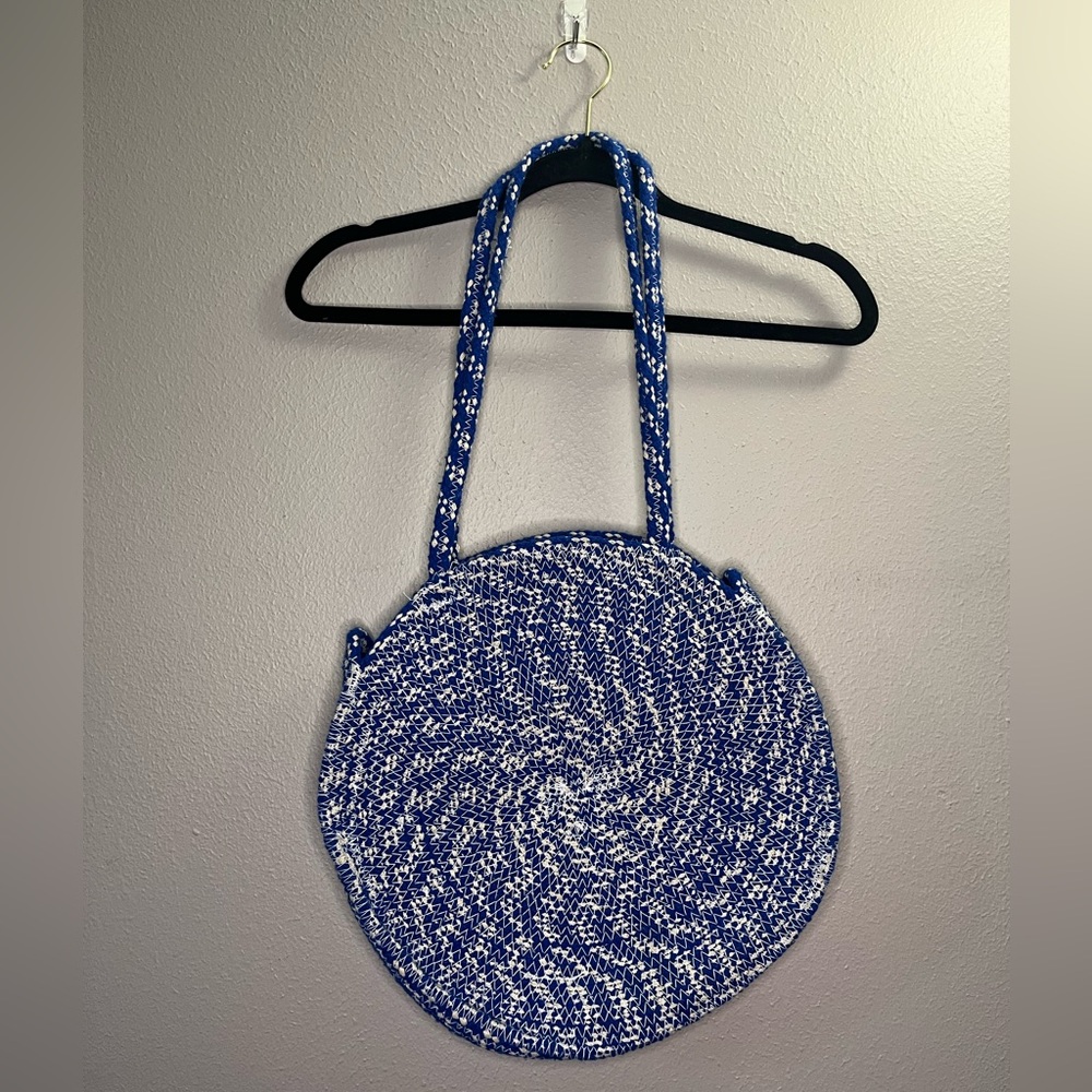 Love Stitch Anthropologie Woven Blue and White Cotton Shoulder Bag